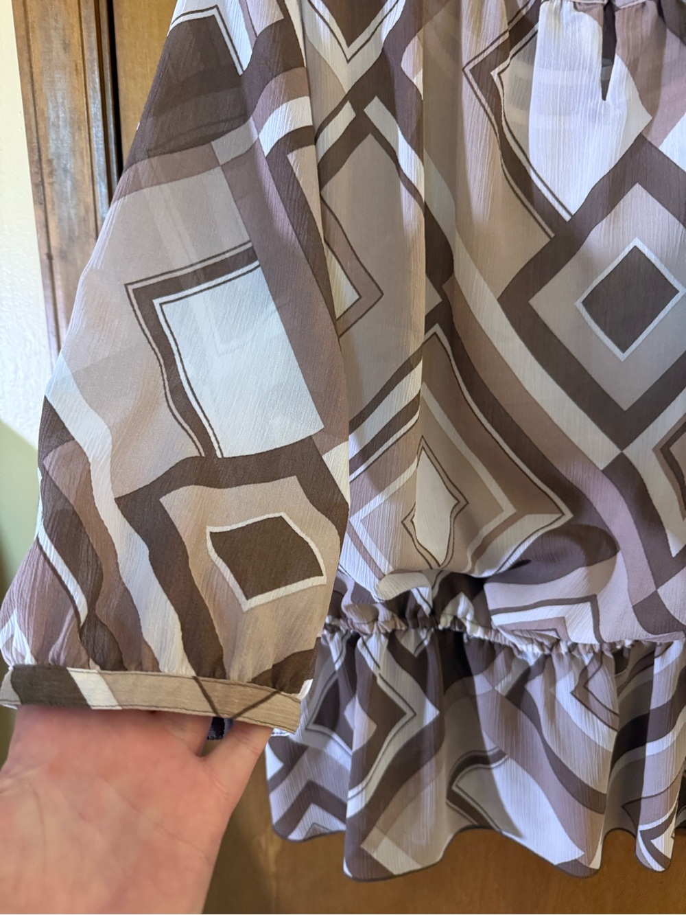 Alfred Dunner Brown & Cream Geometric Peplum Blouse - Picture 3 of 4